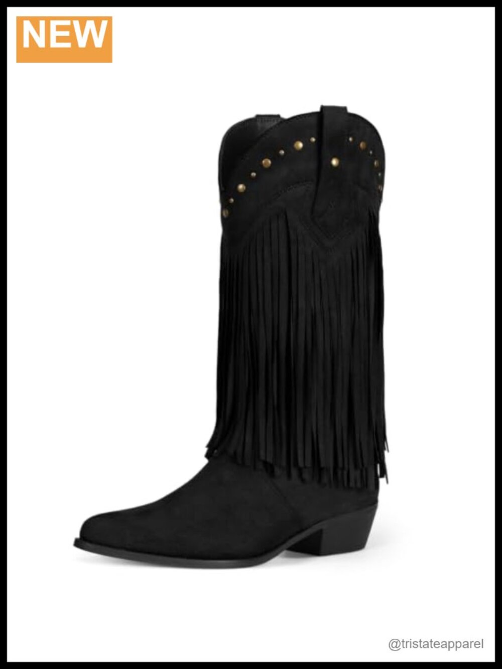 Coutgo Cowboy Boots for Women Mid Calf Fringe Chunky Heel Western Boots